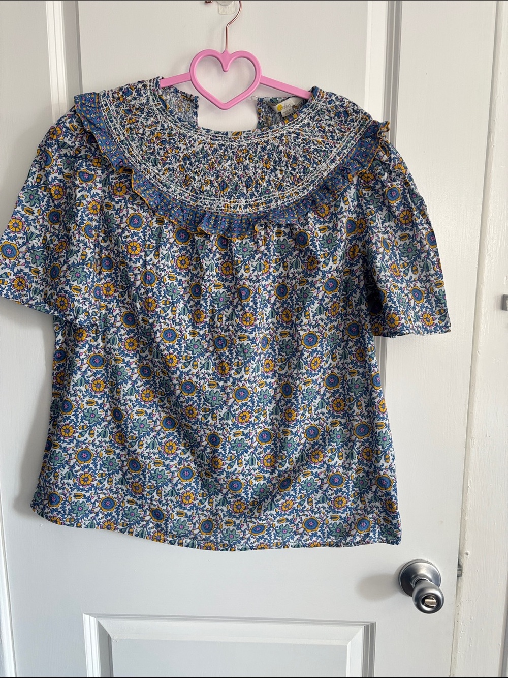Boden Blue and Yellow Floral Smocked Ruffle Yoke Top